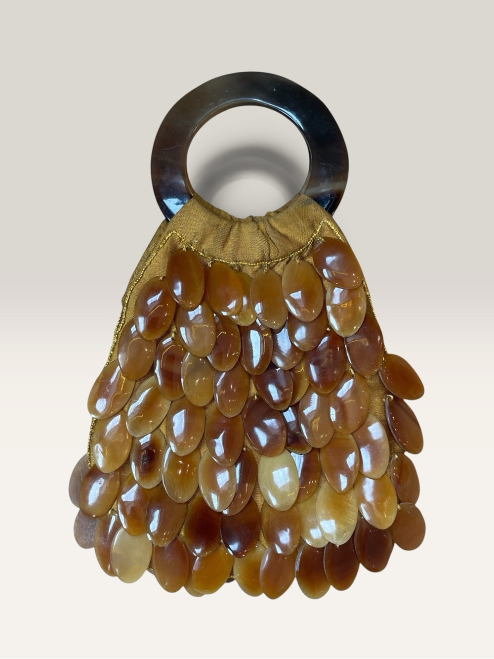 CHAN LUU Vintage Silk Beaded Shell Handbag in Amber Brown